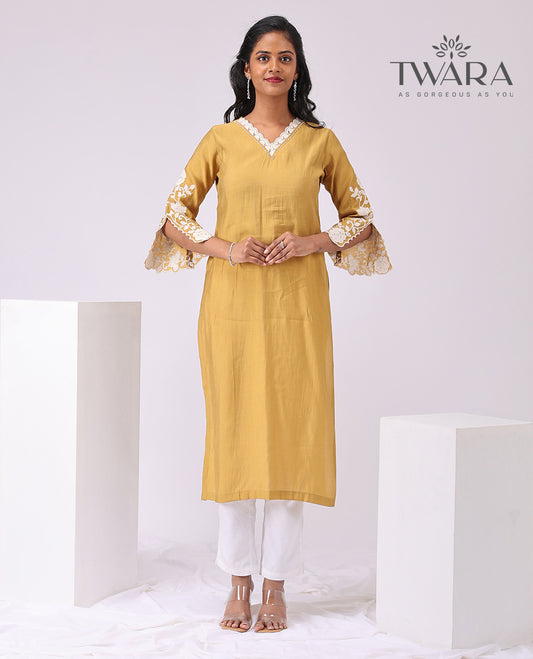 Twara Mustard florad thread embroidery v neck, knee length , 3/4 th sleeve kurti