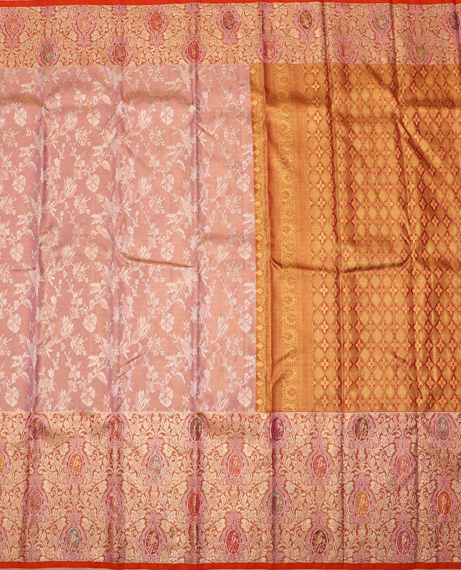 Pink floral jaal jacquard silk saree, contrast floral jaal & kili motifs meenakari zari border & kodi visiry & jaal pallu