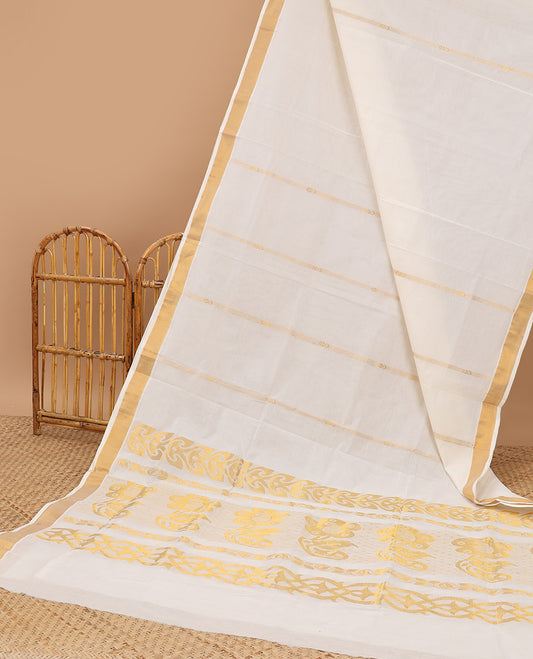 Cream kerala saree with zari stripes, zari border & pallu of floral designs