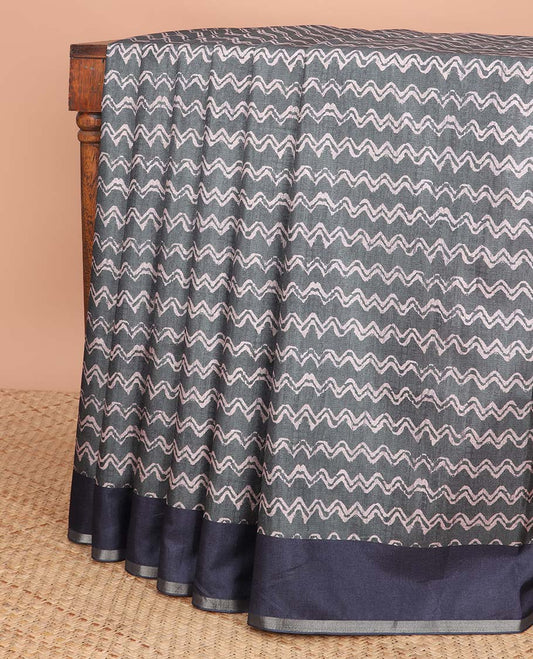 Green  zig zag striped  semi-banaras tussar saree  with contrast zari border & striped pallu