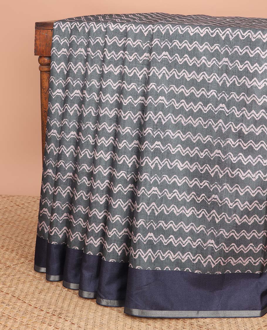 Green  zig zag striped  semi-banaras tussar saree  with contrast zari border & striped pallu