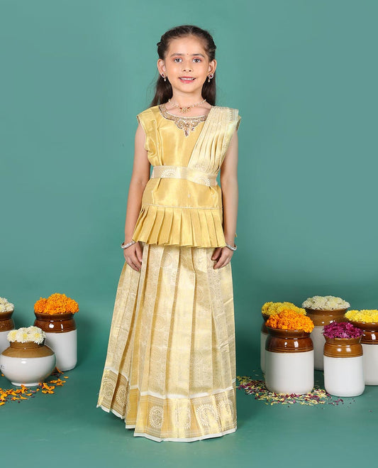 Cream art silk pavadai readymade set,  golden zari chakram jacquard with traditional zari border skirt, embroidered sleeveless blouse, and detachable dupatta