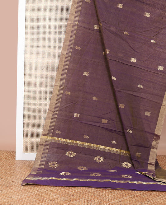 Violet floral, animal motifs chanderi cotton saree with self zari border & geometric design pallu