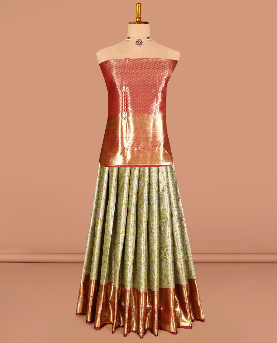 Green Art Silk Half-Saree, Finely Crafted with Jacquard Design, Contrast Traditional Zari Border, Paired with a Contrast Jacquard Blouse, and an Intricate Dhavani