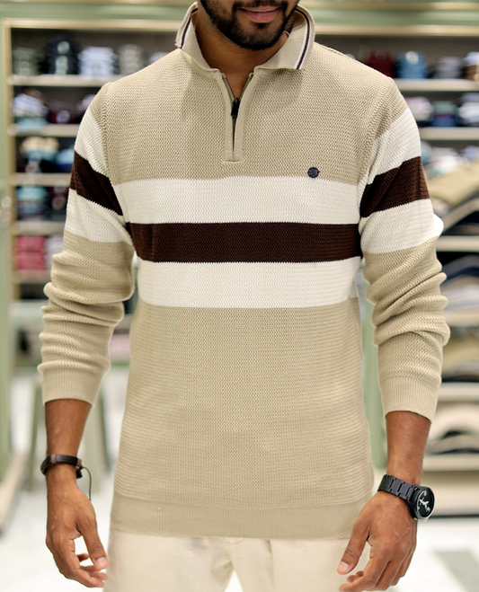 Cream Cotton-Blended T-Shirt Features Strip Blocks, Full-Sleeves, a Polo Neck, a Slim Fit, and a Regular Length