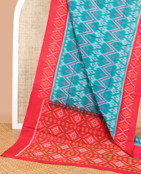 Blue floral design ikkat cotton saree with contrast geometric design boder & floral design pallu