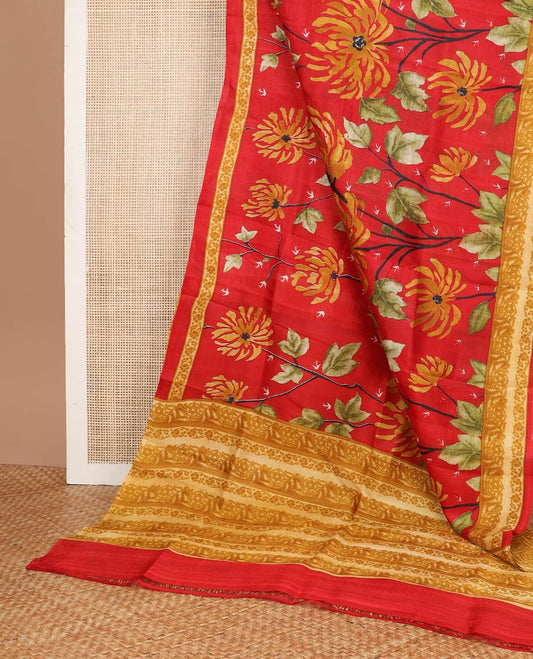 Red floral printed silk saree with self floral border & floral design pallu