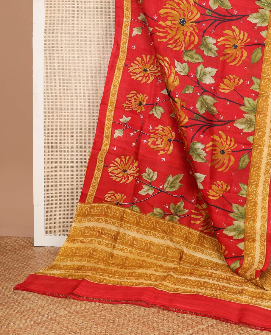 Red floral printed silk saree with self floral border & floral design pallu