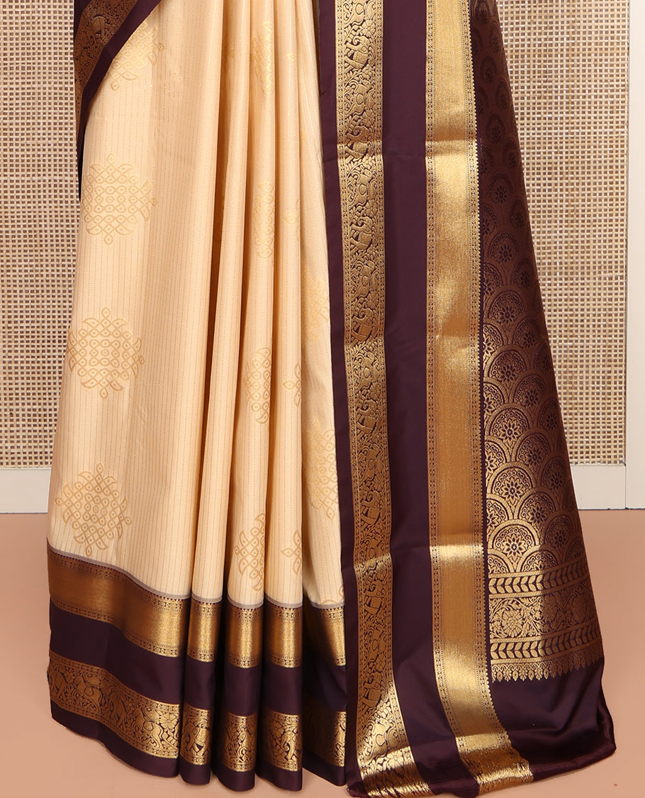 Sandal Budget Silk Saree, Embellished with Zari Stripes and Kolam Buttas All Over Its Body, Complemented by a Contrast Traditional Zari Design Rettai Pettu Border, Grand Scallop Design Pallu, and Paired with a Contrast Blouse