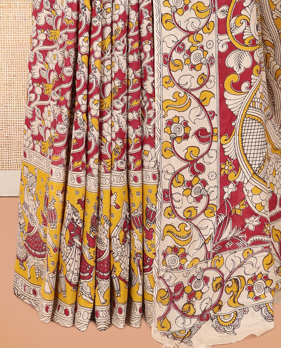 Red Kalamkari Cotton Saree, Adorned with Floral Vine Print, Contrast Printed Border, Kalamkari Peacock Motifs Pallu, and a Contrast Blouse