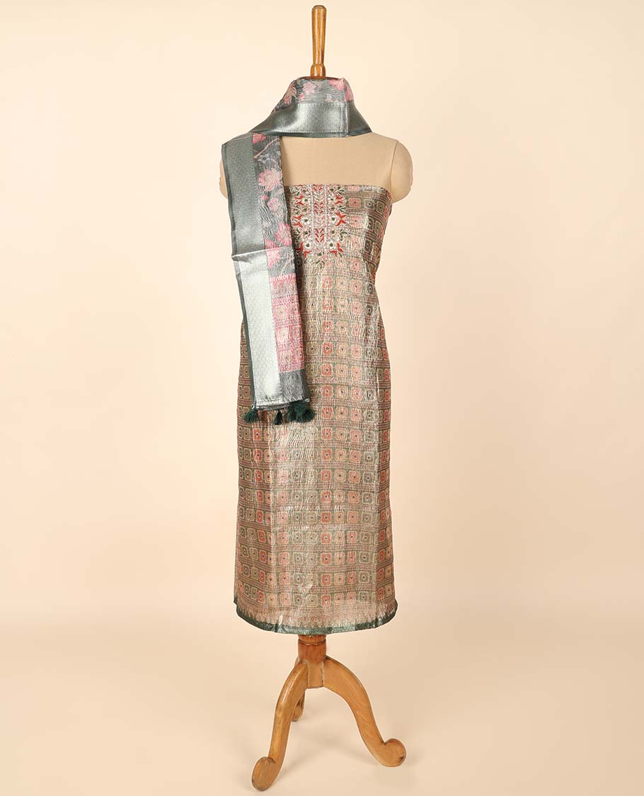 Green material chudidhar set, jacquard & embroidery top, plain bottom & floral print dupatta
