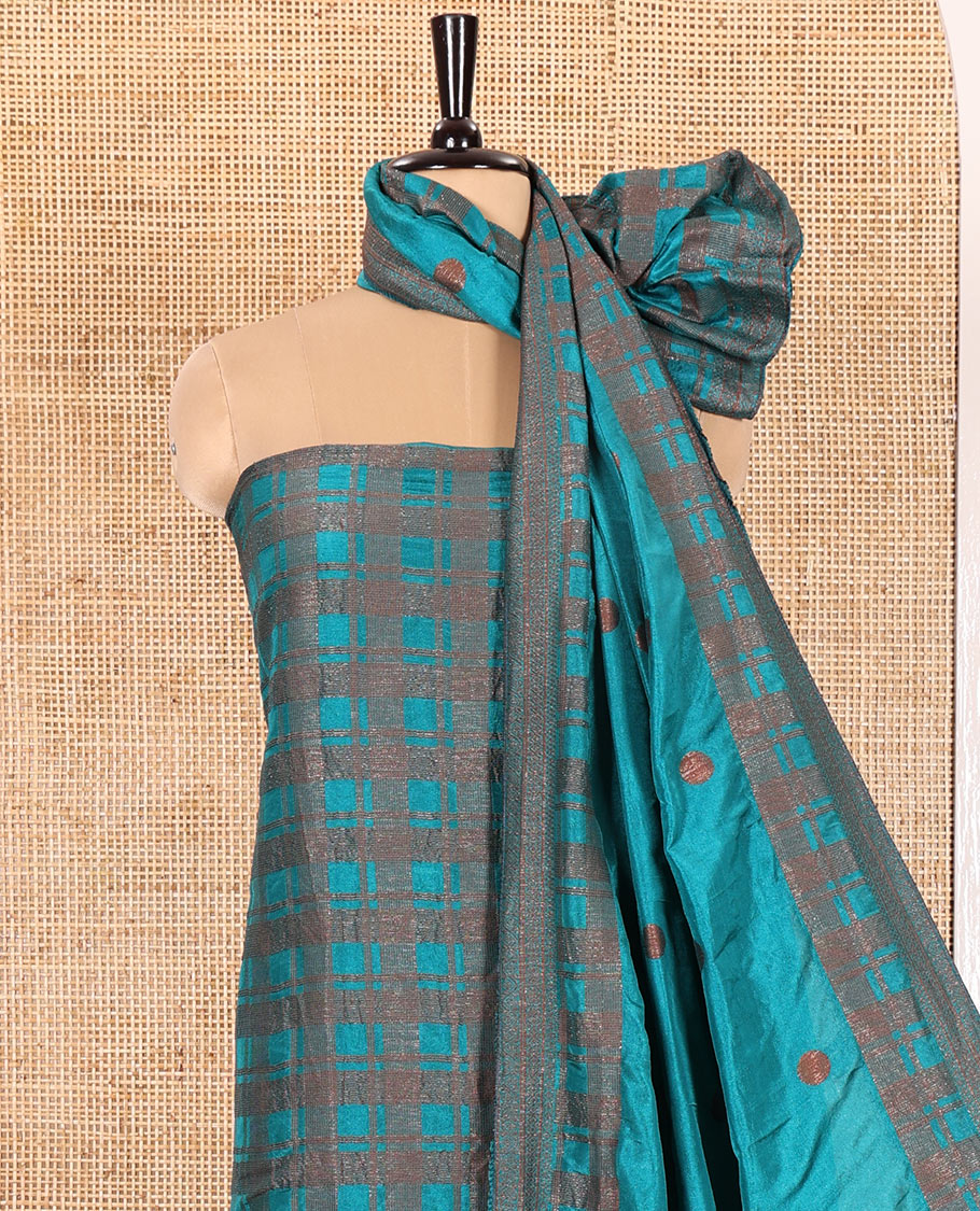 Blue Material Chudidar Set Decorated with Copper Zari Checks Semi-Modal Silk Top, Subtly Made Plain Santoon Bottom, and a Semi-Modal Dupatta Featuring Polka Dots in Zari