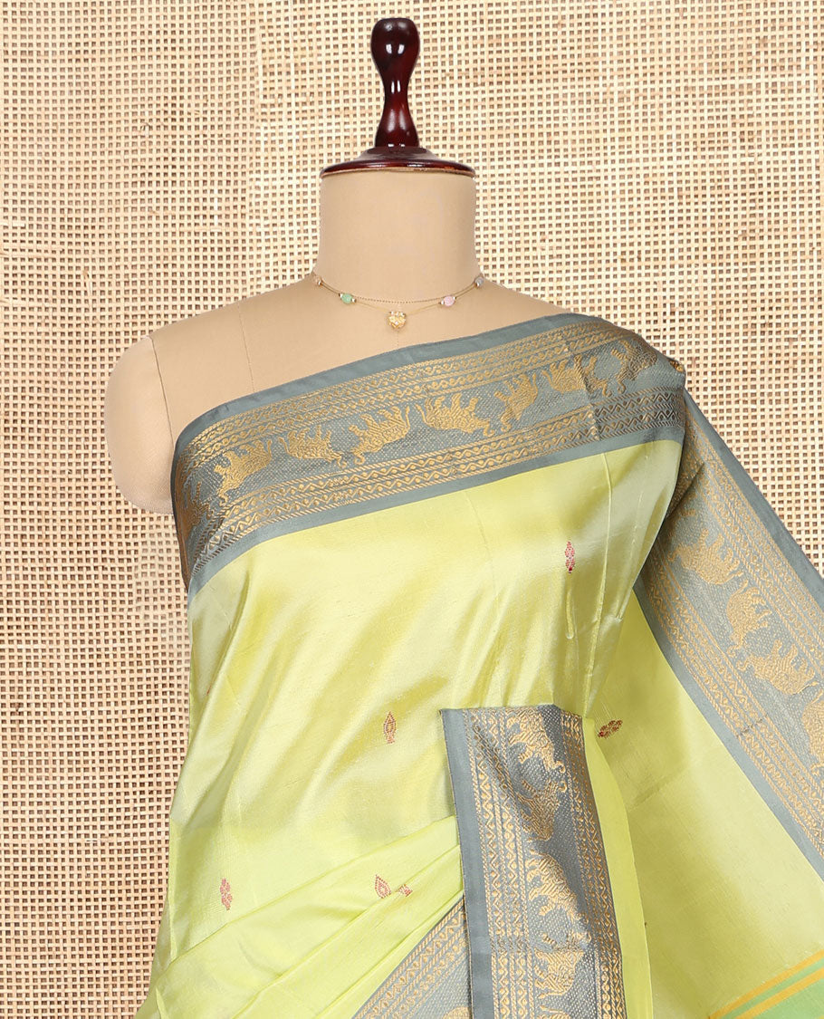 Green Banana Pith Saree, Subtly Woven with Thread Buttas, a Contrast Traditional Zari Border, Pallu of Stripes and Buttas, and a Contrast Blouse