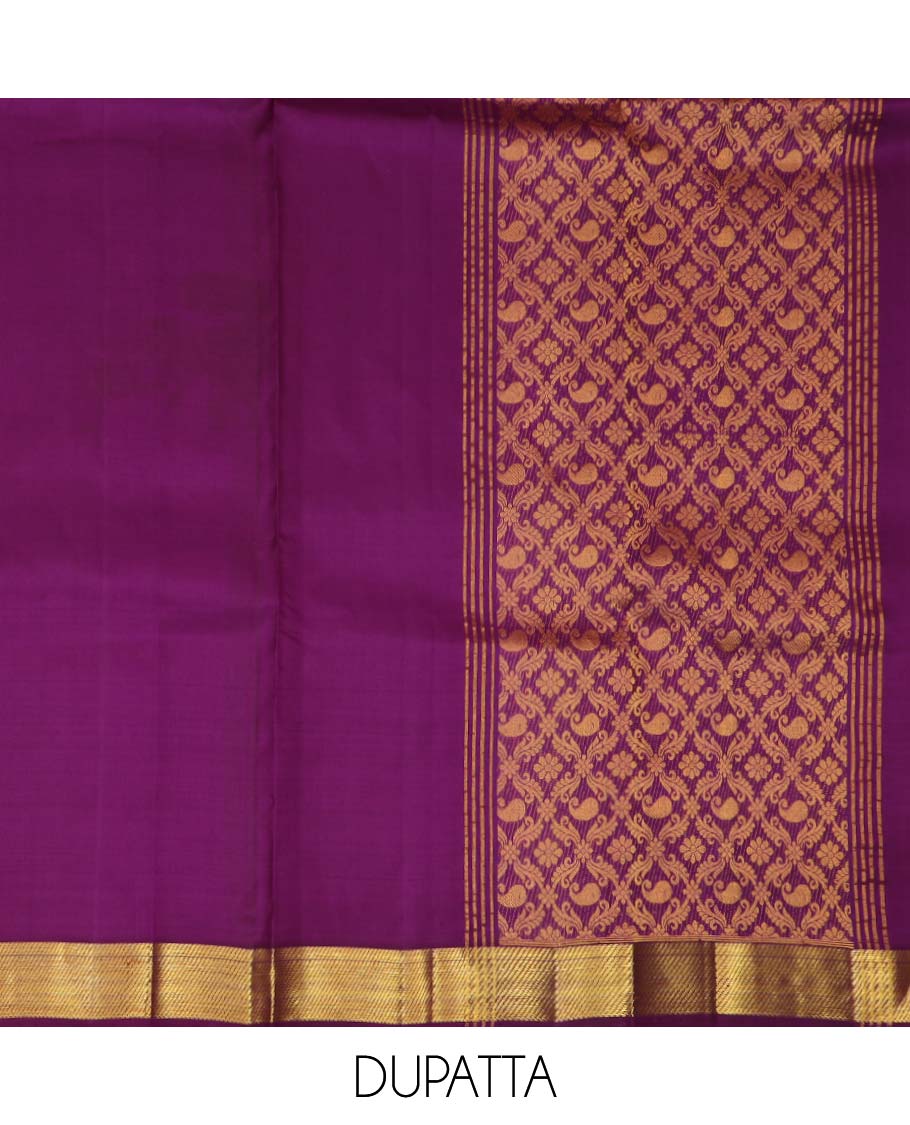 Yellow pure silk half saree, mayil chakram enclosed checked skirt, contrast border of thilakam mokku, muthu, mayil, rudraksham, and mayil kann, jacquard blouse, and zari design dhavani