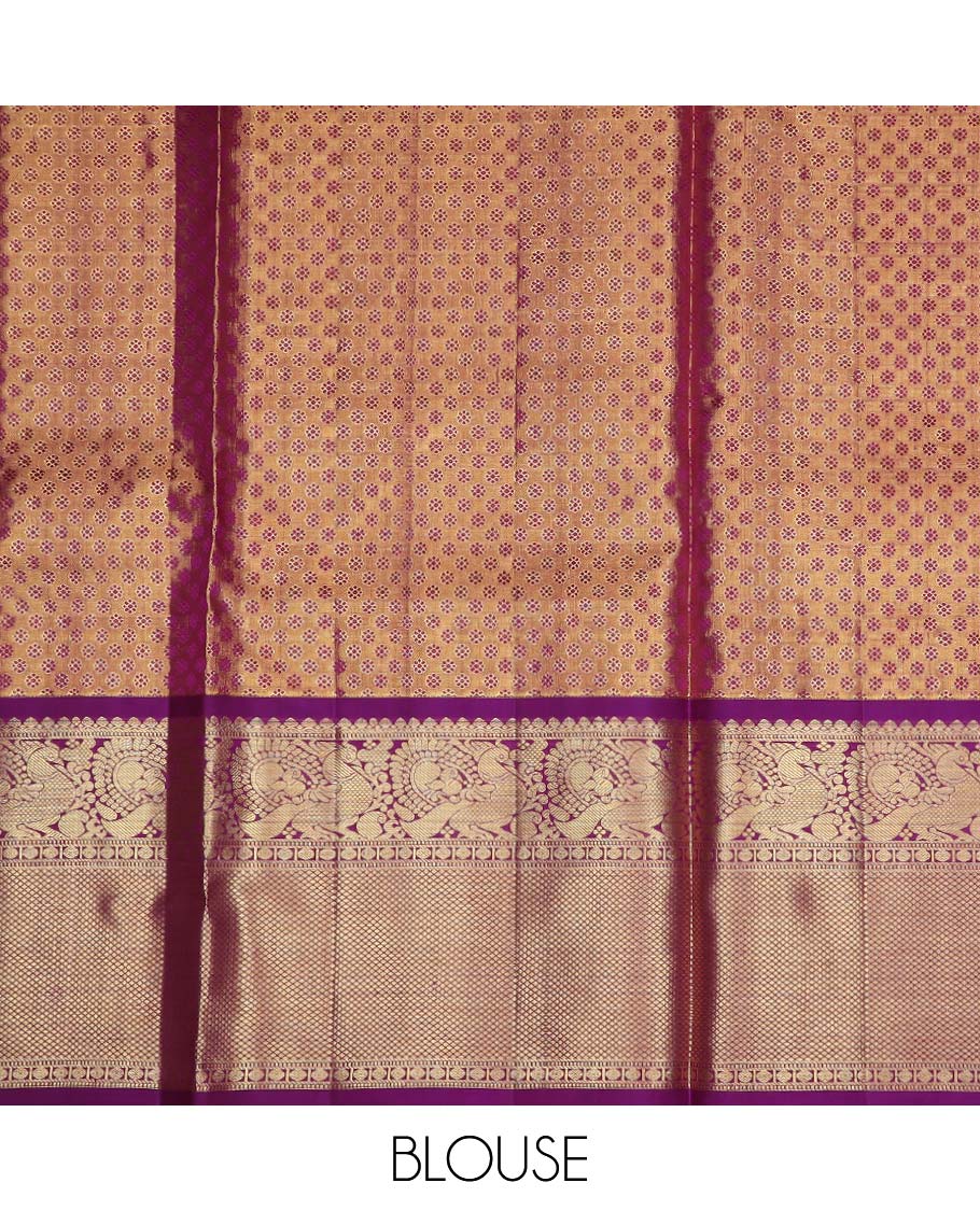Yellow pure silk half saree, mayil chakram enclosed checked skirt, contrast border of thilakam mokku, muthu, mayil, rudraksham, and mayil kann, jacquard blouse, and zari design dhavani