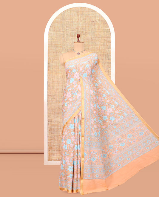 Pale Orange Printed Silk Saree, Embellished with Floral Print, a Zari Border, Floral Printed Pallu, and a Matching Blouse