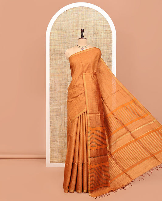 Orange Tussar Silk Saree, Sparsely Threaded with Stripes, a Subtle Border, a Striped Pallu, and a Matching Blouse