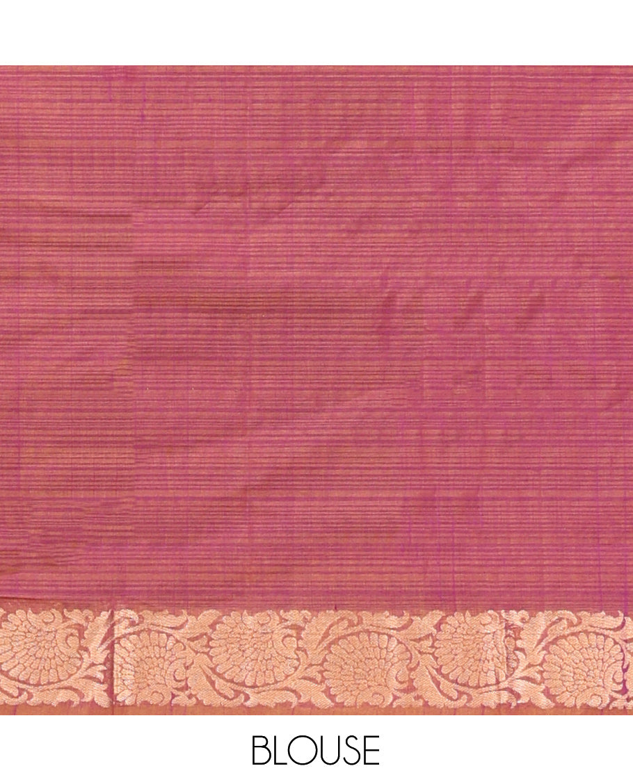 Pink Silk Cotton Saree, Embellished with Zari Buttas, a Contrast Floral Creeper Border, Grand Pallu, and a Contrast Blouse