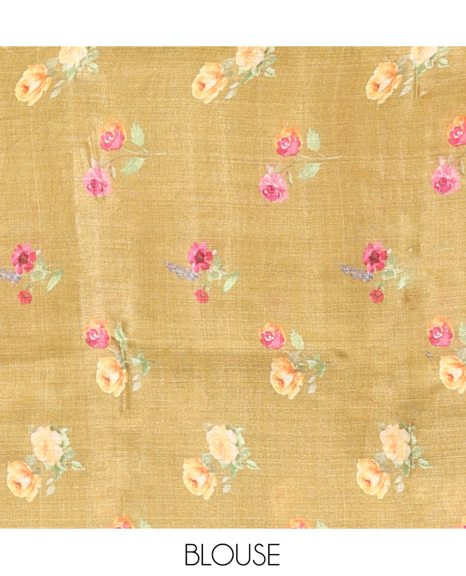 Borderless Green Tussar Silk Saree, Finely Printed with Floral Motifs On Its Body, Subtly Floral Printed Pallu and Paired with a Printed Blouse