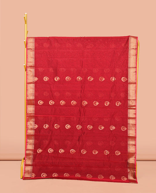 Red Semi-Silk Cotton Saree, Ornamented with Zari Buttas All Over Its Body, Highlighted by a Traditional Zari Border, Intricately Designed Pallu, and Paired with a Contrast Blouse