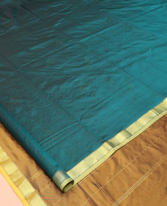 Teal Blue Art-Silk Nine Yard Saree, Woven with Leaf Buttas, a Contrast Traditional Border, Pallu of Leaf Buttas, and No Blouse