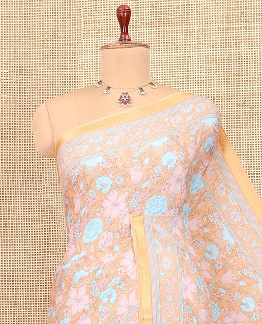 Pale Orange Printed Silk Saree, Embellished with Floral Print, a Zari Border, Floral Printed Pallu, and a Matching Blouse