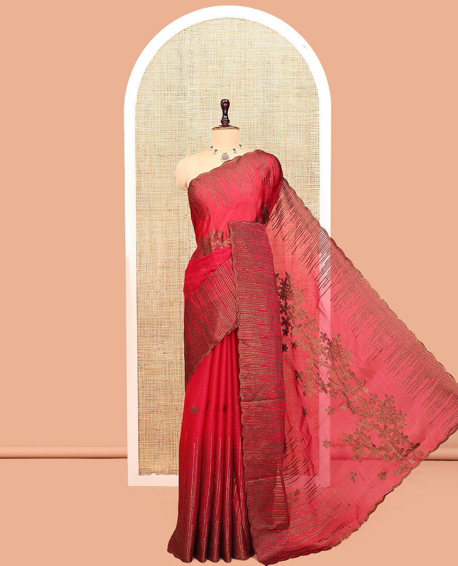 Pink Iconic Blooming Saree, with Floral Copper Thread Embroidery Border, and Matching Blouse
