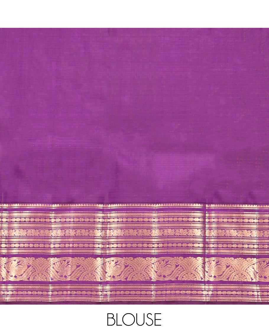 Light Purple Kanchipuram Silk Saree, Subtly Sparkled with Buttas, Complemented by a Contrast Border of Thilakam, Muthu, Kathir, Kamalam, and Mayil Designs, Jaal Pallu, and Contrast Blouse
