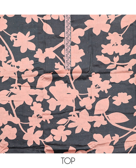 Black and Pink Material Chudidar Set, Accentuated with Silhouette-Style Floral Print, and Stone Work on Its Rayon Top, a Plain Rayon Bottom, and Paired with a Floral Printed Rayon Dupatta