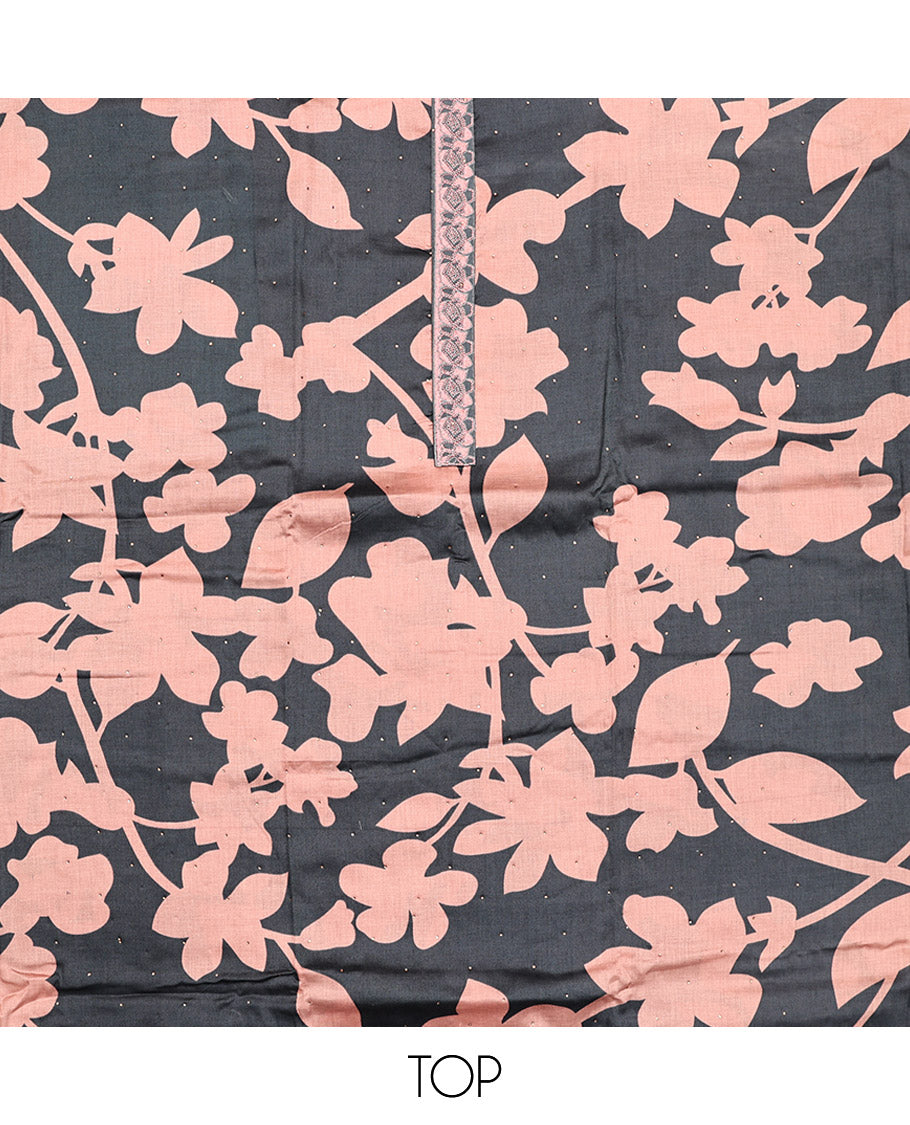 Black and Pink Material Chudidar Set, Accentuated with Silhouette-Style Floral Print, and Stone Work on Its Rayon Top, a Plain Rayon Bottom, and Paired with a Floral Printed Rayon Dupatta