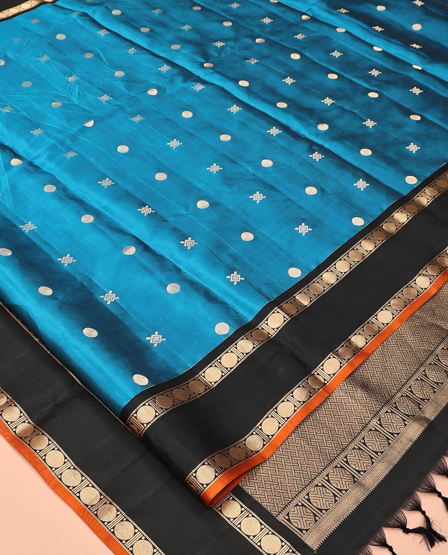 Blue Buttas Vasundhara Lite Silkmix Saree, Contrast Rettai-Pettu Border, Contrast Blouse
