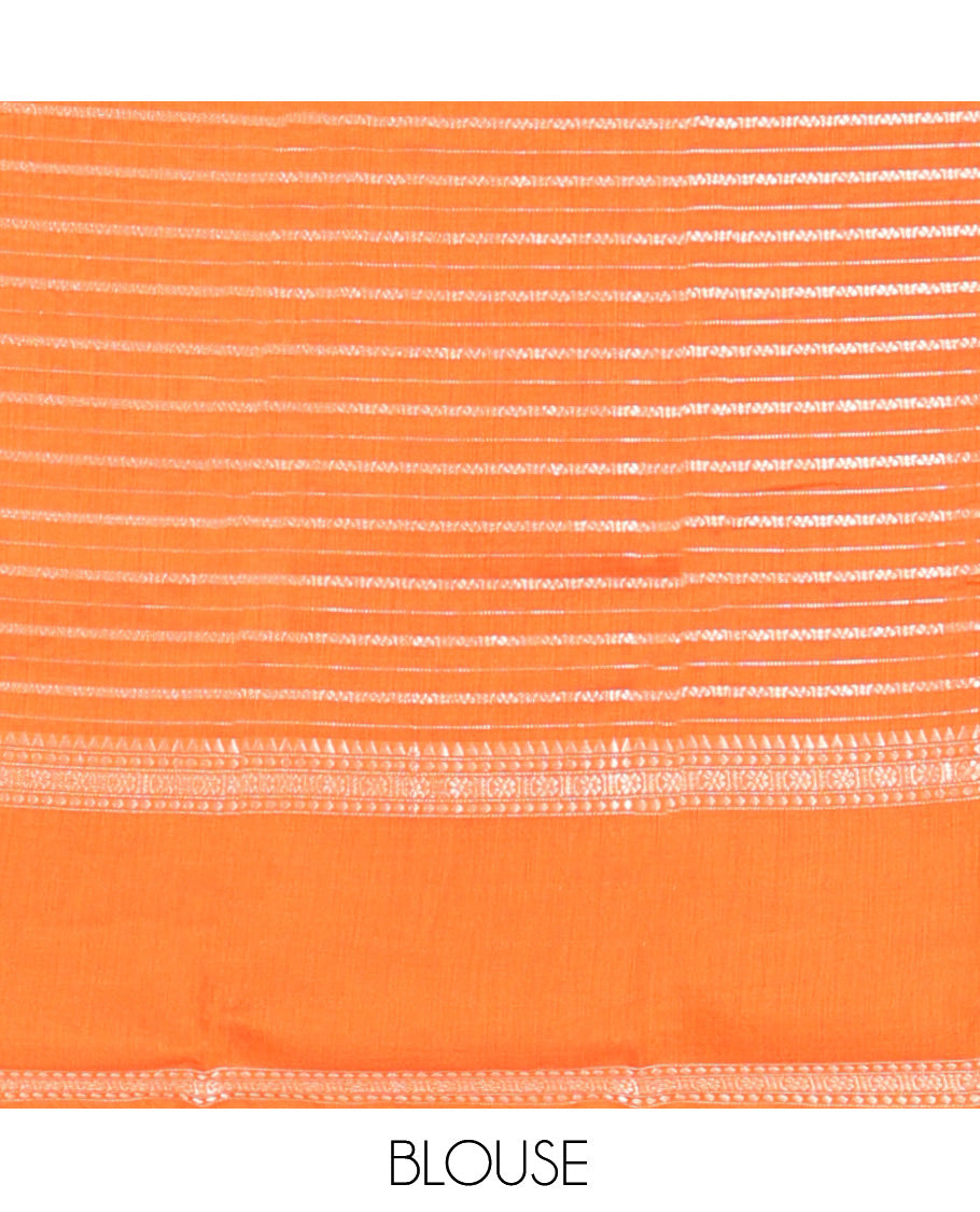 Orange Assam Silk Saree, Ornamented with Zari Stripes, Highlighted by a Traditional Border, Zari Striped Pallu, and a Matching Blouse