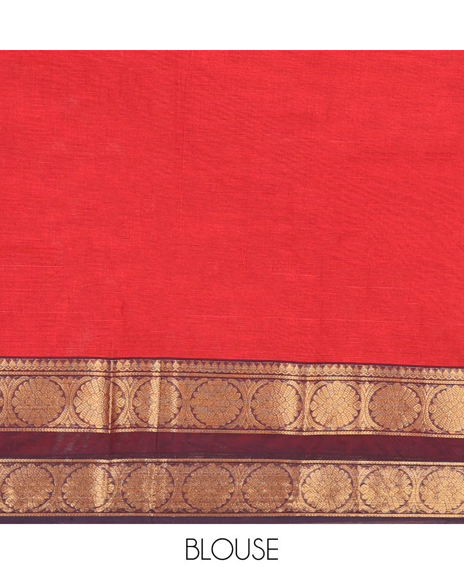 Rust Plain Chettinad Cotton Saree, Complemented by a Contrast Rettai Pettu Traditional Zari Border, Striped Pallu, and a Matching Blouse
