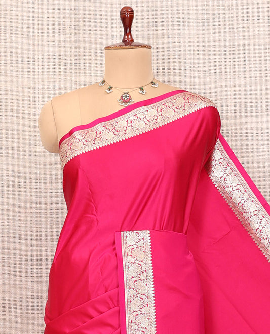 Pink Plain Semi-Banaras Satin Silk Saree
