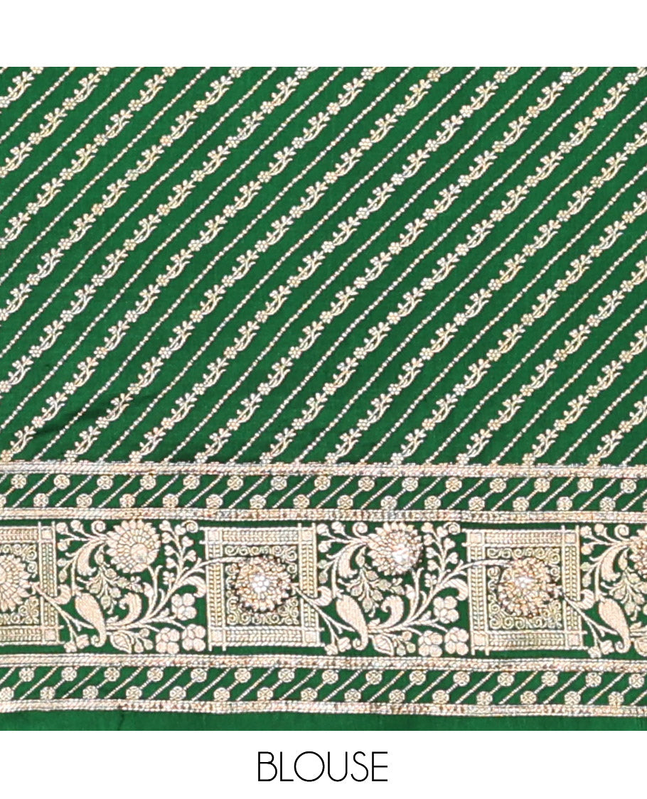 Green Banarasi Satin Saree, Enriched with Floral Jaal Jacquard, a Self-Border, Intricate Stonework Pallu, and a Matching Blouse