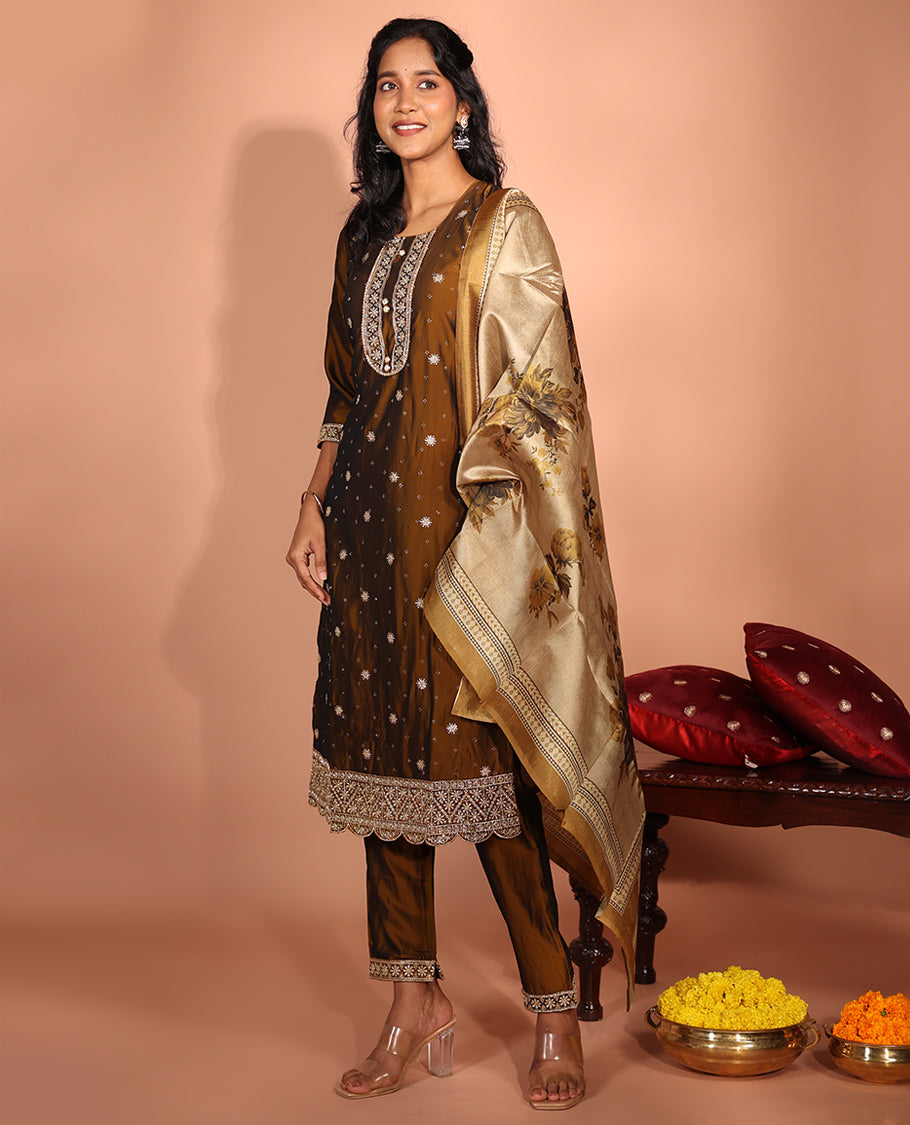 Brown Vichitra Readymade Suit
