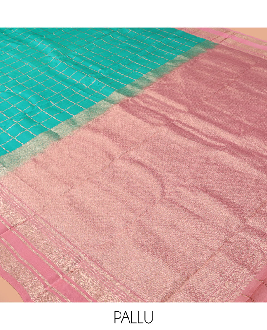 Blue Vasundhara Lite Silk Mix Saree, Embellished with Zari Checks, a Contrast Border of Thilakam, and Chakram Designs, Jaal Pallu, and a Contrast Blouse