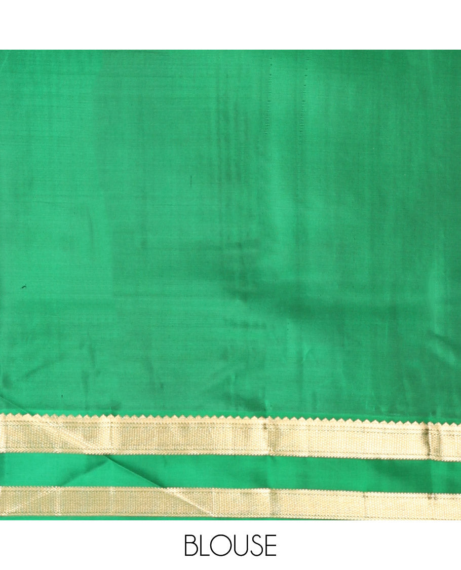 Green Kanchipuram Silk Saree, Woven with Zari Buttas, Contrast Korvai Rettai Pettu Border of Rekku, Kathir, and Mayil Kann Designs, Pallu of Jaal Design, and a Contrast Blouse