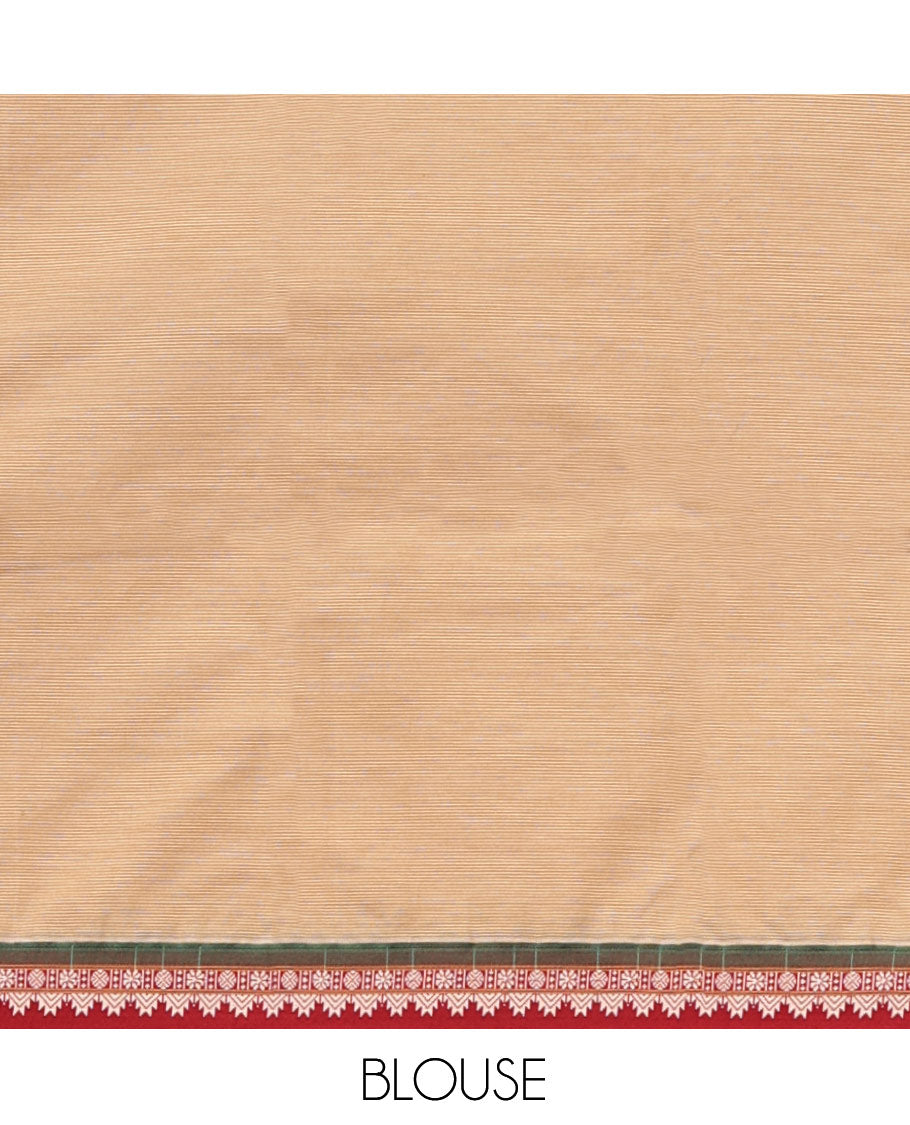 Sandal Plain Narayanpet Cotton Saree, Complemented by a Contrast Traditional Thread Border, Striped Pallu, and a Matching Blouse