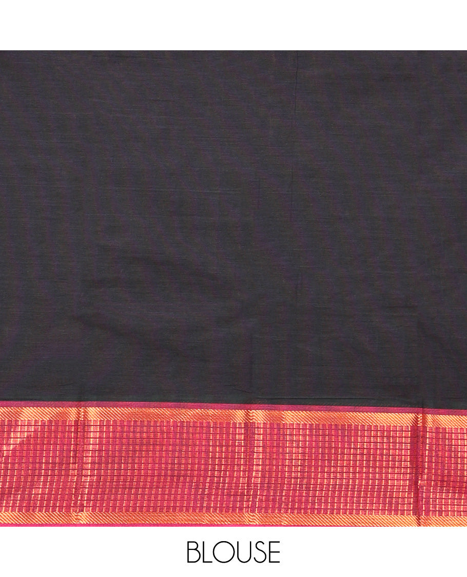 Black Plain Chettinad Cotton Saree, Complemented by Contrast Traditional Zari Design Ganga-Jamuna Border, Pallu of Stripes, and Paired with a Matching Blouse