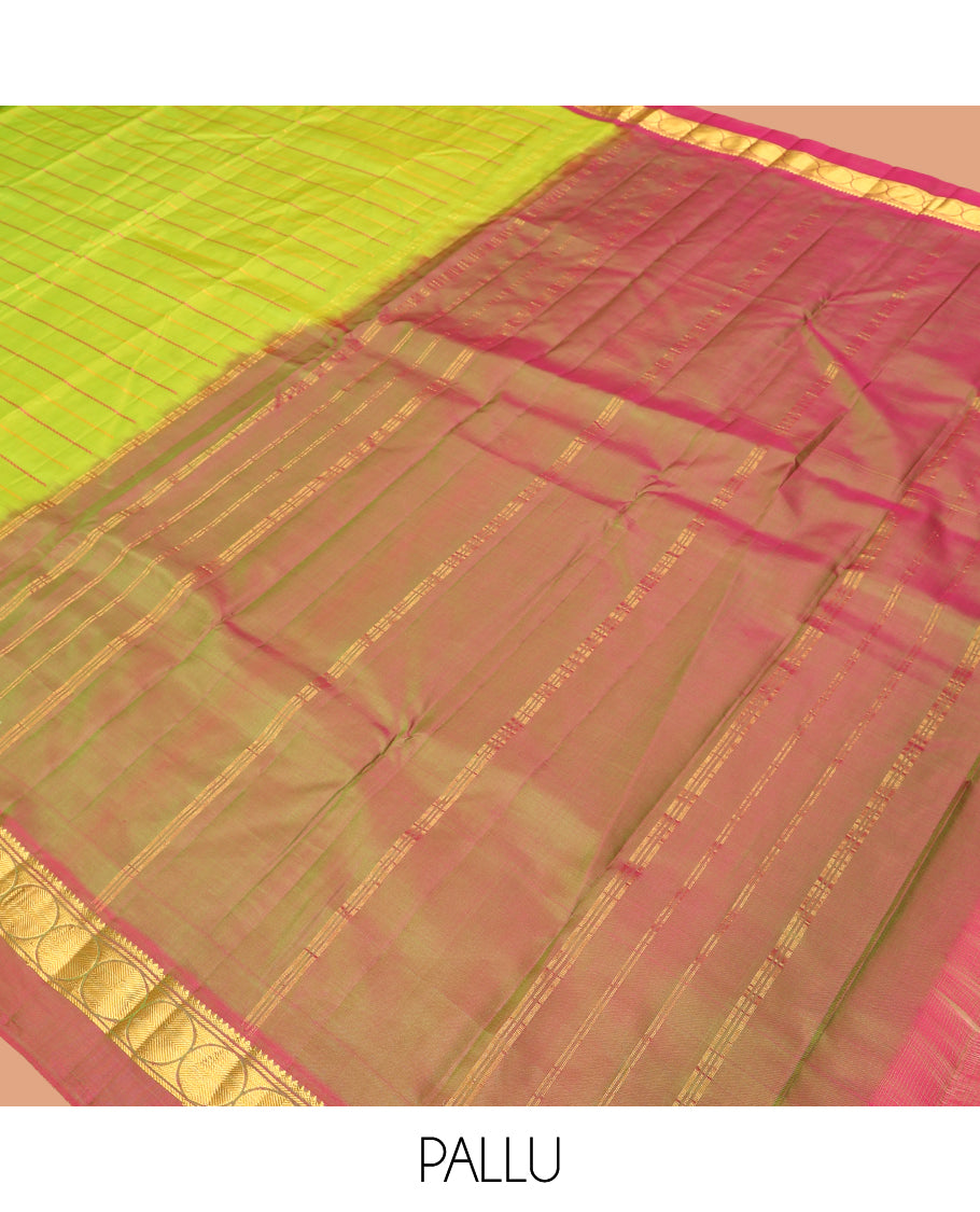Green Veldhari Striped Kanchipuram Silk Saree, Complemented by a Contrast Kal Eragina Border of Thilakam Mokku, and Rudraskham Design, Pallu of Zari Stripes, and a Contrast Blouse