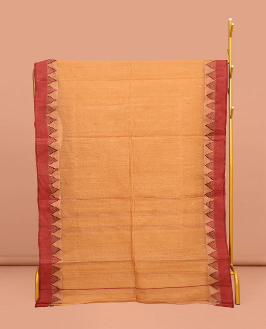 Sandal Bengal Cotton Saree, Sparsely Woven with Thread Buttas All Over Its Body, Complemented by a Contrast Temple Border, Pallu of Stripes and Buttas, and Paired with a Matching Blouse