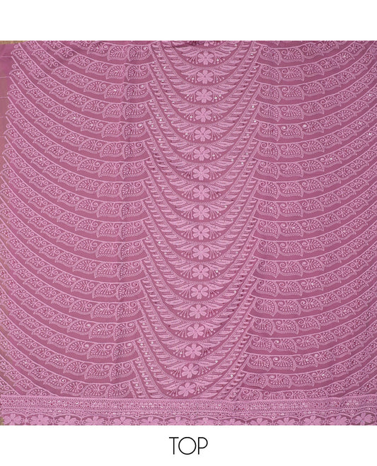 Light Purple Material Chudidar Set, Delicately Woven with Chikankari-Style Thread and Sequins Embroidery on Georgette Top, a Plain Santoon Bottom, and Paired with a Geometric Embroidery Georgette Dupatta