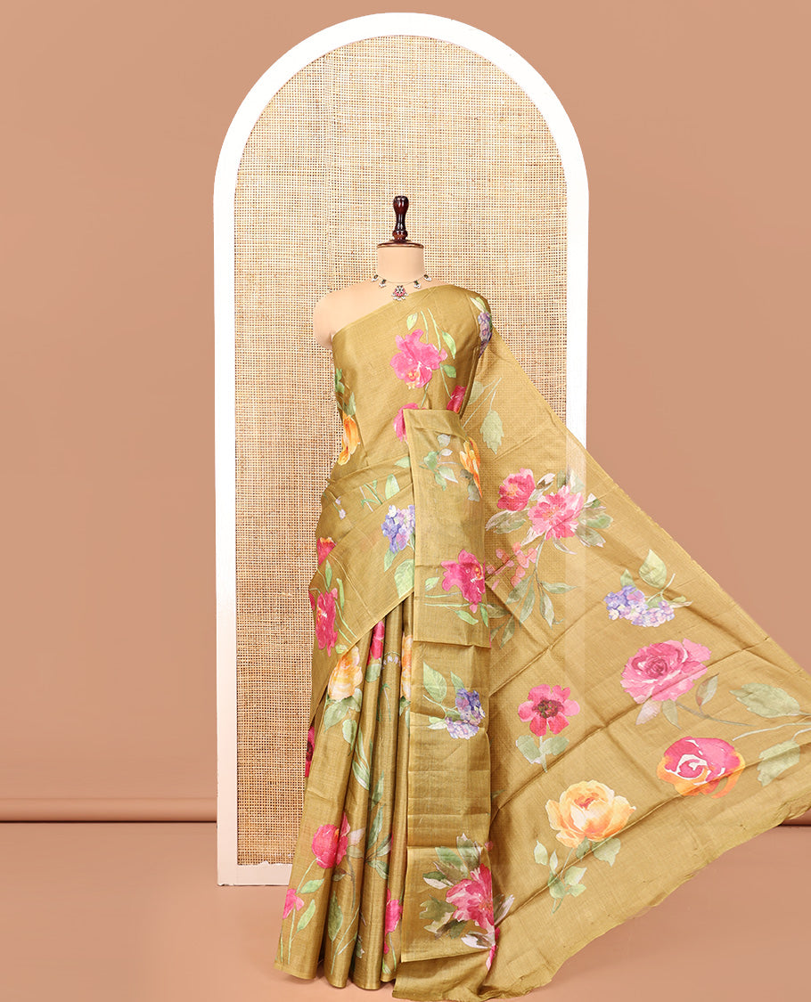 Borderless Green Tussar Silk Saree, Finely Printed with Floral Motifs On Its Body, Subtly Floral Printed Pallu and Paired with a Printed Blouse