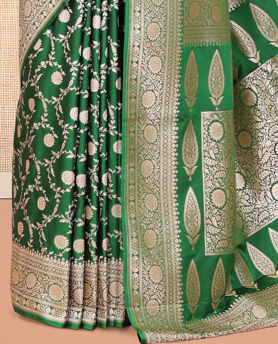 Green Semi-Banaras Satin Silk Saree
