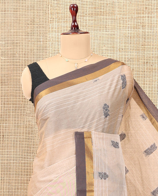 Light Sandal Kanchi Cotton Saree, Woven with Thread Buttas and Stripes, a Contrast Border, Intricate Pallu, and a Matching Blouse