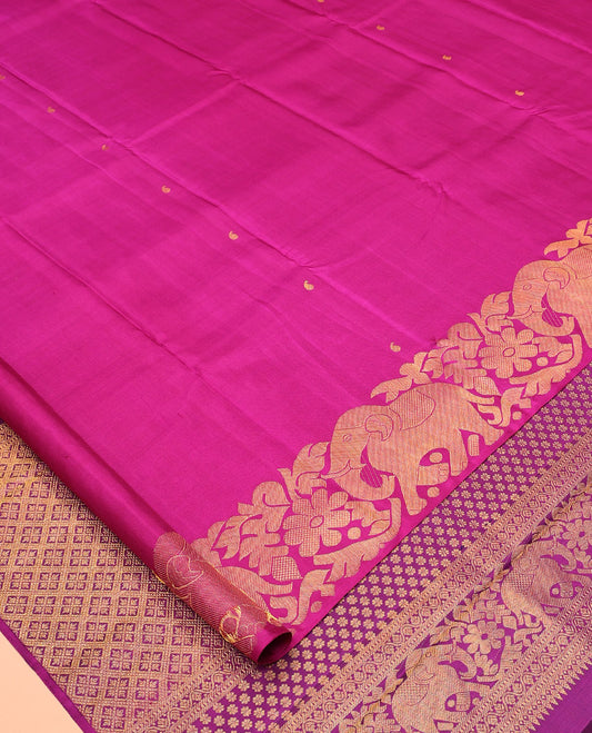 Pink Kanchipuram Designer Silk Saree, Adorned with Manga Buttas, Zari Border of Yaanai Designs, Grand Jaal Pallu, and a Matching Blouse