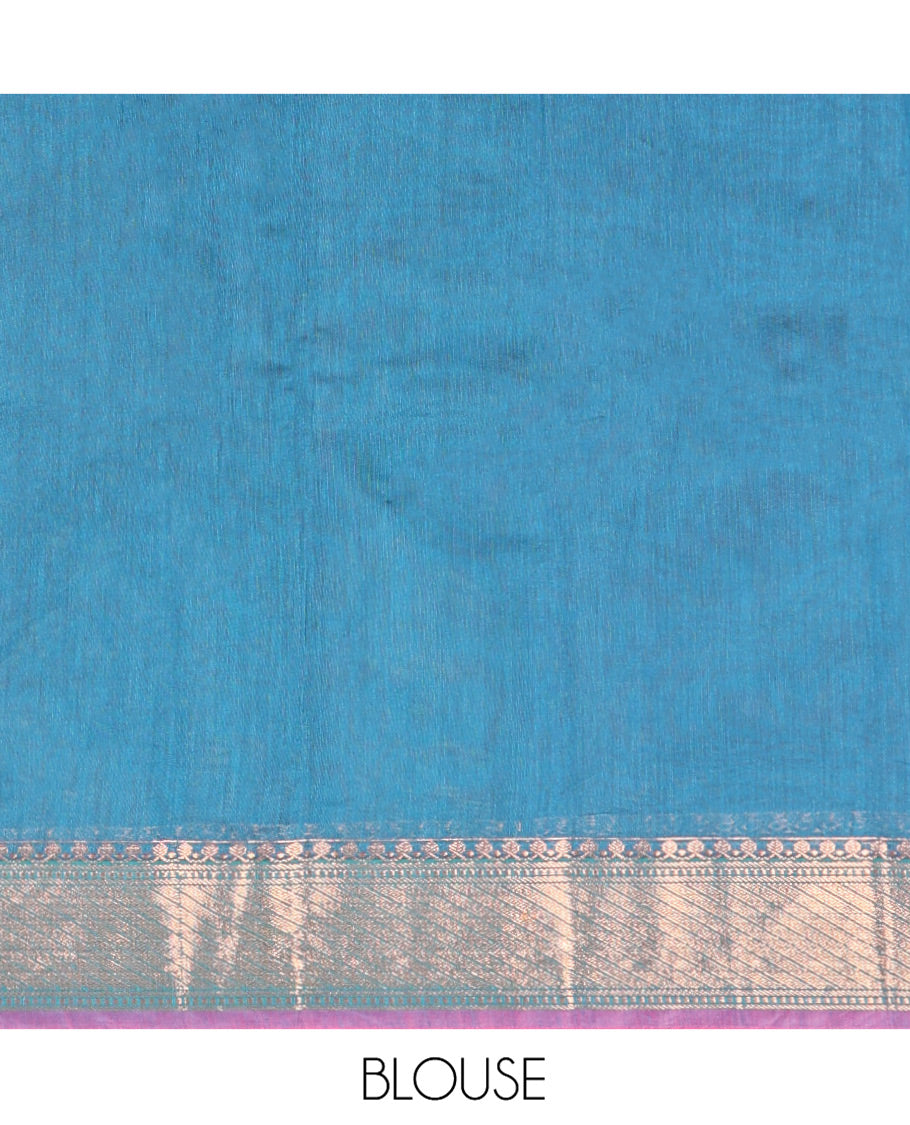 Red Semi-Silk Cotton Saree, Ornamented with Zari Buttas All Over Its Body, Highlighted by a Traditional Zari Border, Intricately Designed Pallu, and Paired with a Contrast Blouse