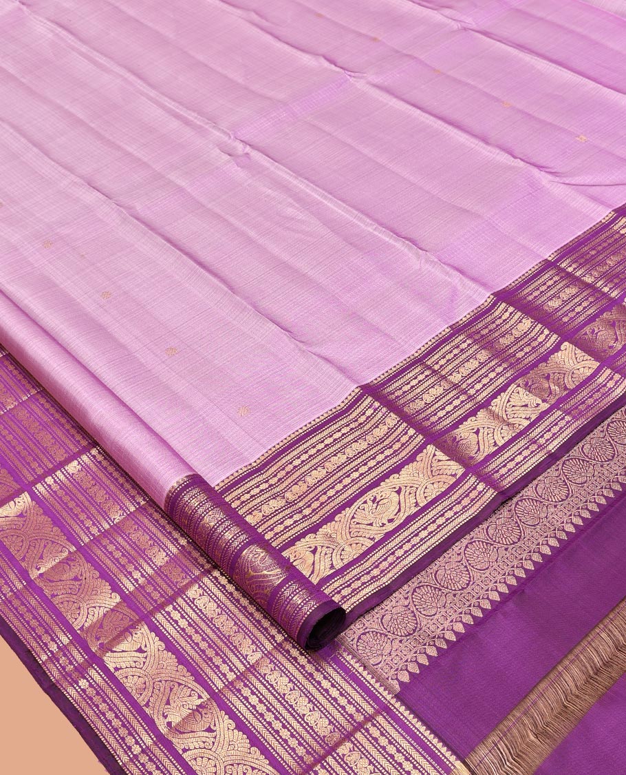 Light Purple Kanchipuram Silk Saree, Subtly Sparkled with Buttas, Complemented by a Contrast Border of Thilakam, Muthu, Kathir, Kamalam, and Mayil Designs, Jaal Pallu, and Contrast Blouse