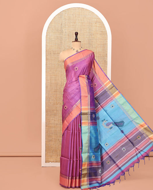Purple Tussar Silk Saree, Bedecked with Flower Motifs, Contrast Zari Border, Thread Woven Pallu, and Contrast Blouse